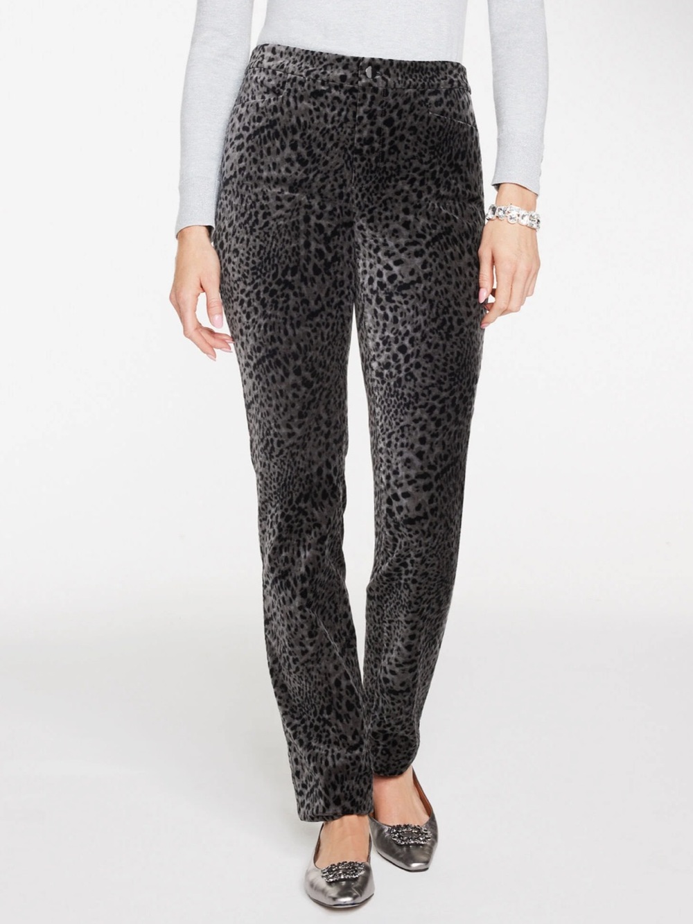 Talbots Straight Leg Velveteen Pants Swirly Leopard Gray Black 12P